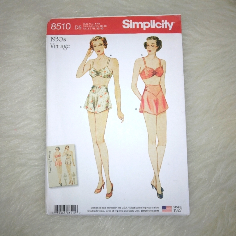 Simplicity 8510 1930s vintage bra & panties sz 4-12